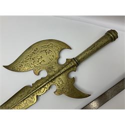 Near pair of short swords each with slightly curving 41cm fullered steel blade and all brass H-shaped hilt L52cm overall; plaited black leather whip; and reproduction pair of brass hilted swords, brass halberd blade and mace (7)