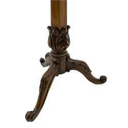Early Victorian rosewood tripod pedestal table, circular moulded top hand painted with flowers and birds on slate, on tapered hexagonal column with carved acanthus leaf baluster, three splayed supports carved with foliage and scrolling terminals 