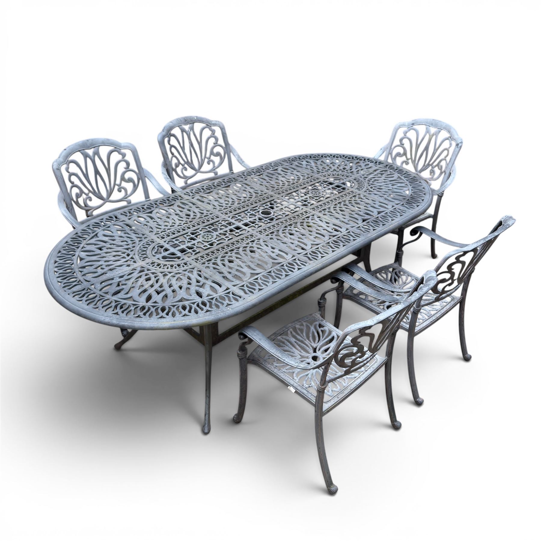 Painted aluminium rectangular garden table and five chairs, with loose seat cushions