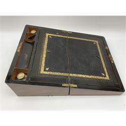 19th century mahogany writing slope with brass inlay, including two glass inkwells with brass lids, H15.5cm. 