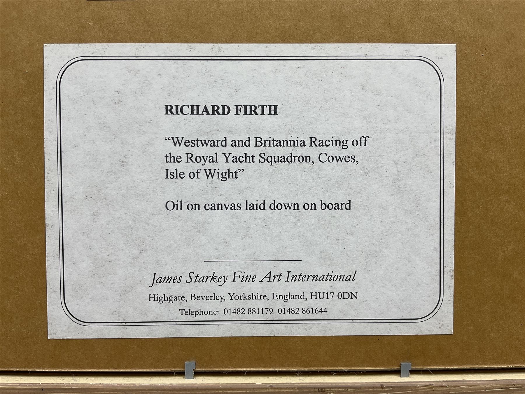 Richard M Firth (British 1971-): 'Westwood and Britannia Racing off the Royal Yacht Squadron - Cowes', oil on canvas laid on to board signed, titled on gallery label verso 29cm x 39cm 
Provenance: with James Starkey, Beverley, label verso