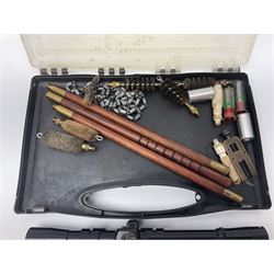 Gun cleaning equipment for 12-bore including mahogany and brass three-section rod with various brushes and pair of snap caps; together with A.S.I. 4 x 20 scope; and RAF peaked cap and boxed hipflask
