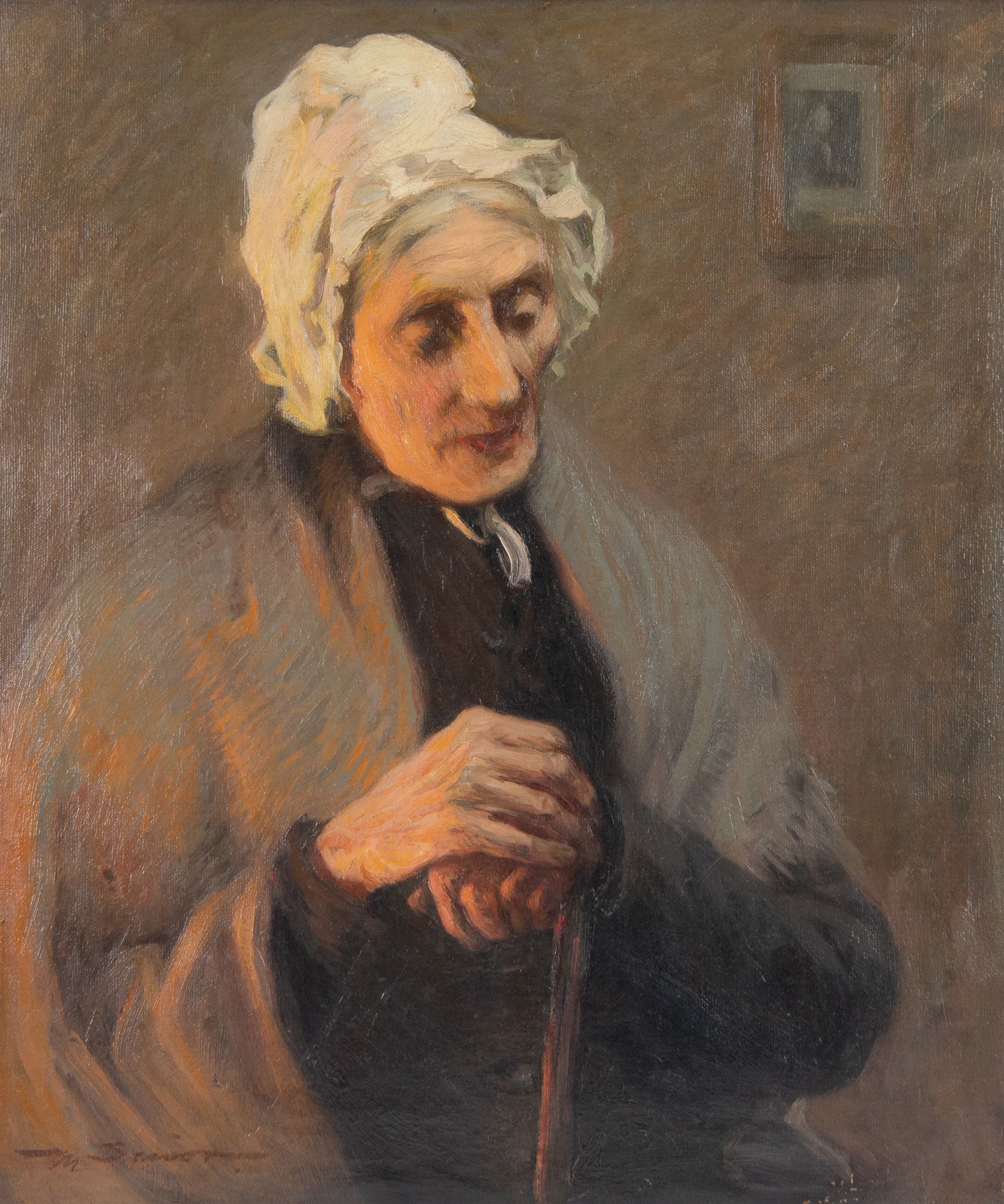 Mark Senior (Staithes Group 1864-1927): 'The Last Flicker' - Portrait of Peggy Calvert, oil on canvas signed 59cm x 49cm
Provenance: exh. Royal Academy 1901 No. 849, faintly inscribed verso. 
Notes: Peggy Calvert served as Senior’s housekeeper, and is known to have frequently sat for his portraits.