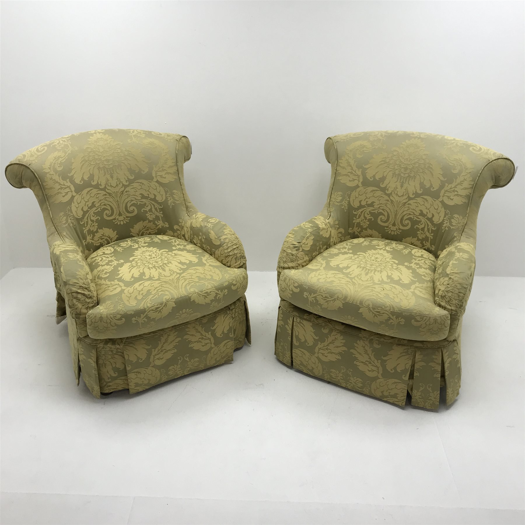 Pair fan back armchairs upholstered in classic gold fabric with floral pattern, W83cm