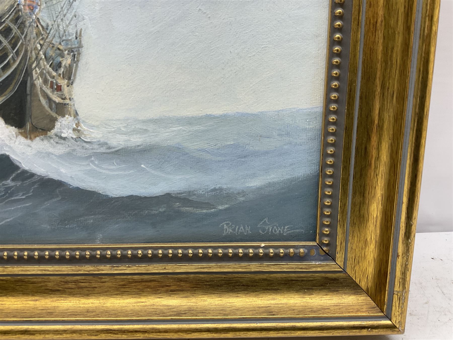 Brian Stone (20th century): HMS Victory and HMS Temeraire at Sea, oil on board signed, titled and dated 12.6.02, 39cm x 49cm