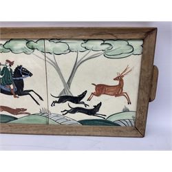 Packard and Ord tile tray hand painted with a hunting scene and a wooden frame, H17cm L48cm