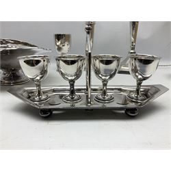 Collection of assorted silver plate, comprising four cup egg cruet, table lamp, bud vase, desk stand etc  
