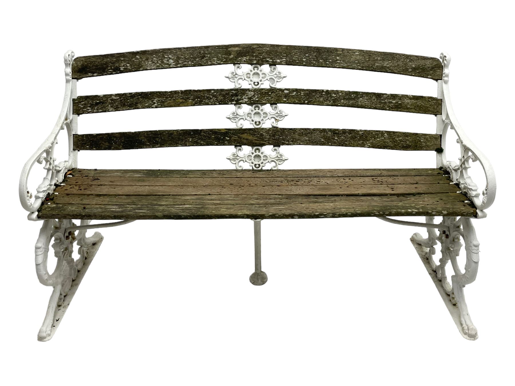 Late 19th century white painted cast iron and wood slatted garden bench, the bench ends in the form of S-scroll mythical beasts with paw feet, central cartouche surrounded by extending trailing foliage, the back slats divided by scroll cast splats, central seat support 