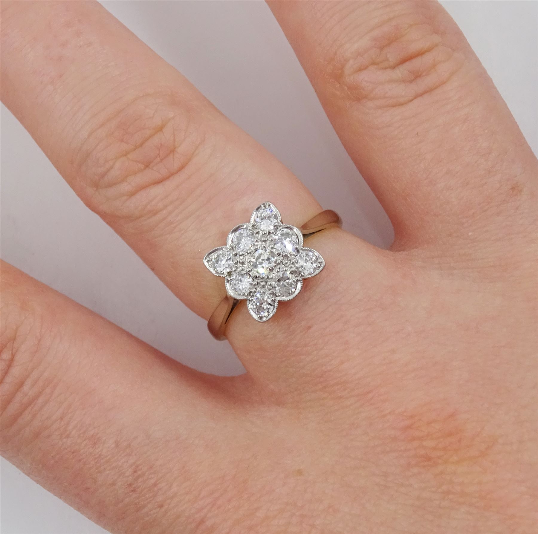 Early-mid 20th century 18ct gold milgrain set diamond square cluster ring, stamped, total diamond weight approx 0.45 carat