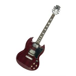 Gibson Epiphone SG six string electric guitar, with cherry red mahogany finish and black scratch guard, L102cm