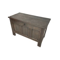 18th century oak coffer, rectangular lid over panelled sides, the uprights reeded and moulded, raised on stile supports