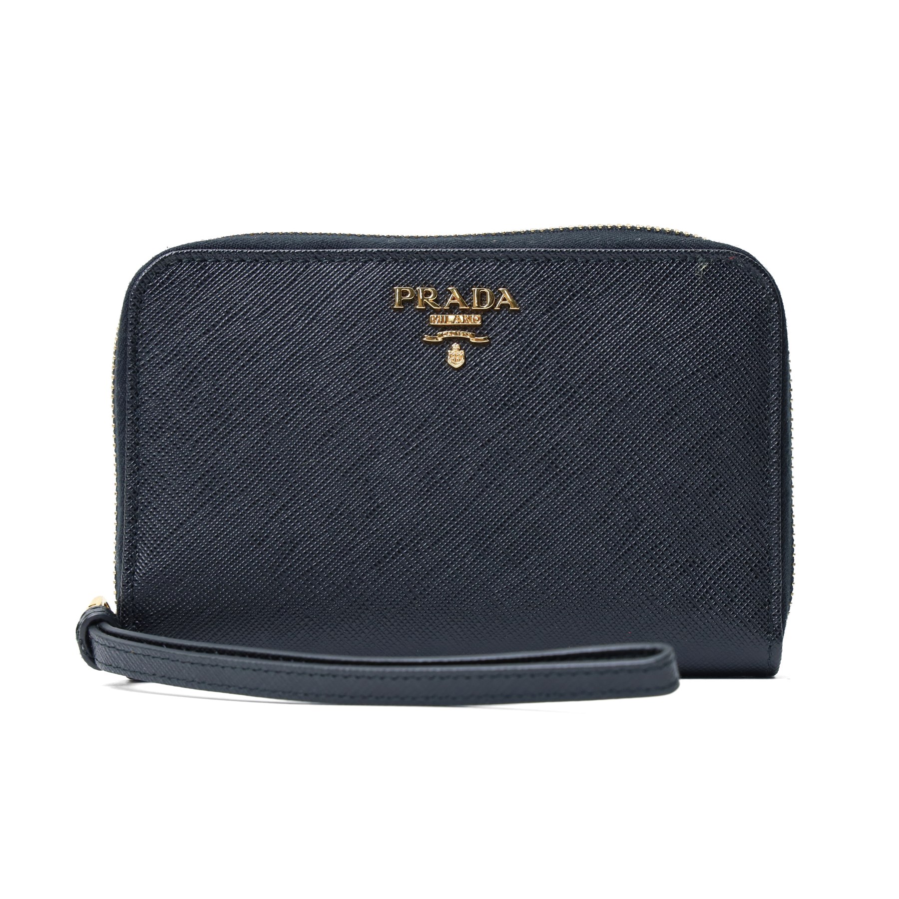 Prada - Saffiano Metal zip-around wallet, black Saffiano leather with gold-tone hardware and applied logo plaque, zip-around fastening with wrist strap and fitted interior, with authenticity card and original box