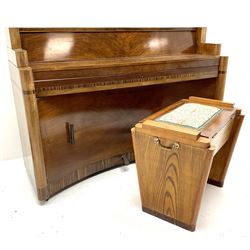 Art Deco Steck upright piano in walnut case with cross banding details and recoverable music stand (W190cm, D52cm, H97cm), together with matching style stool, lift lid seat upholstered in floral patterned fabric (W62cm, D44cm, H55cm)