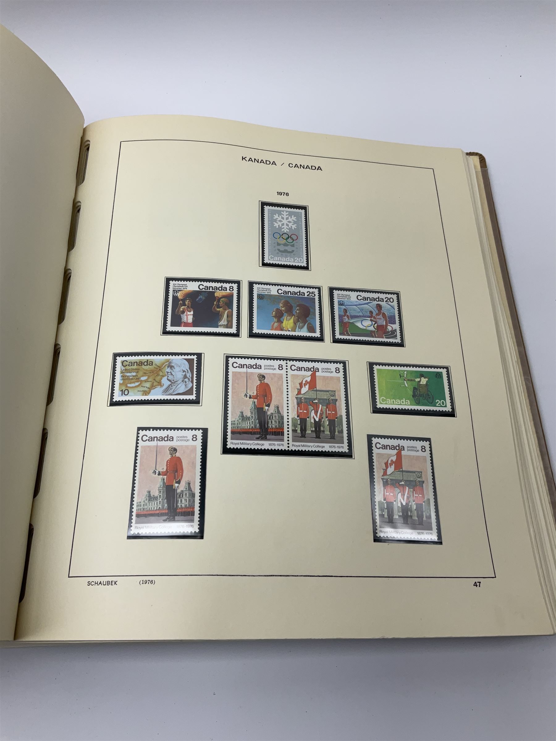 Collection of mostly mint Canadian stamps from 1952 onwards, including some higher values, housed in a 'Schaubek Briefmarken Album Nr944 Kanada' 