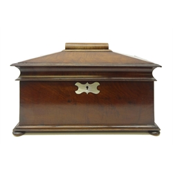  Regency walnut tea caddy of sarcophagus form, triple division interior with twin lift out lidded tea vessels, with bowl recess (lacking bowl), inlaid mother-of-pearl escutcheon, on bun feet, L36cm x H23cm x D21cm   