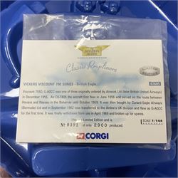 Corgi - Aviation Archive, eleven ‘Classic Propliners’ 1:144 scale models comprising Vickers Viscount models; 47601 700 Series British European Airways; 47602 Parcelforce; 47603 Continental Airlines; 47604 800 Series Lufthansa; 47605 700 Series British Eagle no.391/2900; 47606 806 Virgin Atlantic Airways; 47607 802 British European Airways; 47608 806 British Airways no.985/3000; 47609 836 British Midland Airways no.1530/2500; AA30501 800 Aer Lingus no.651/2100; AA30503 800 British Air Ferries no. 1131/2100; all boxed (11) 