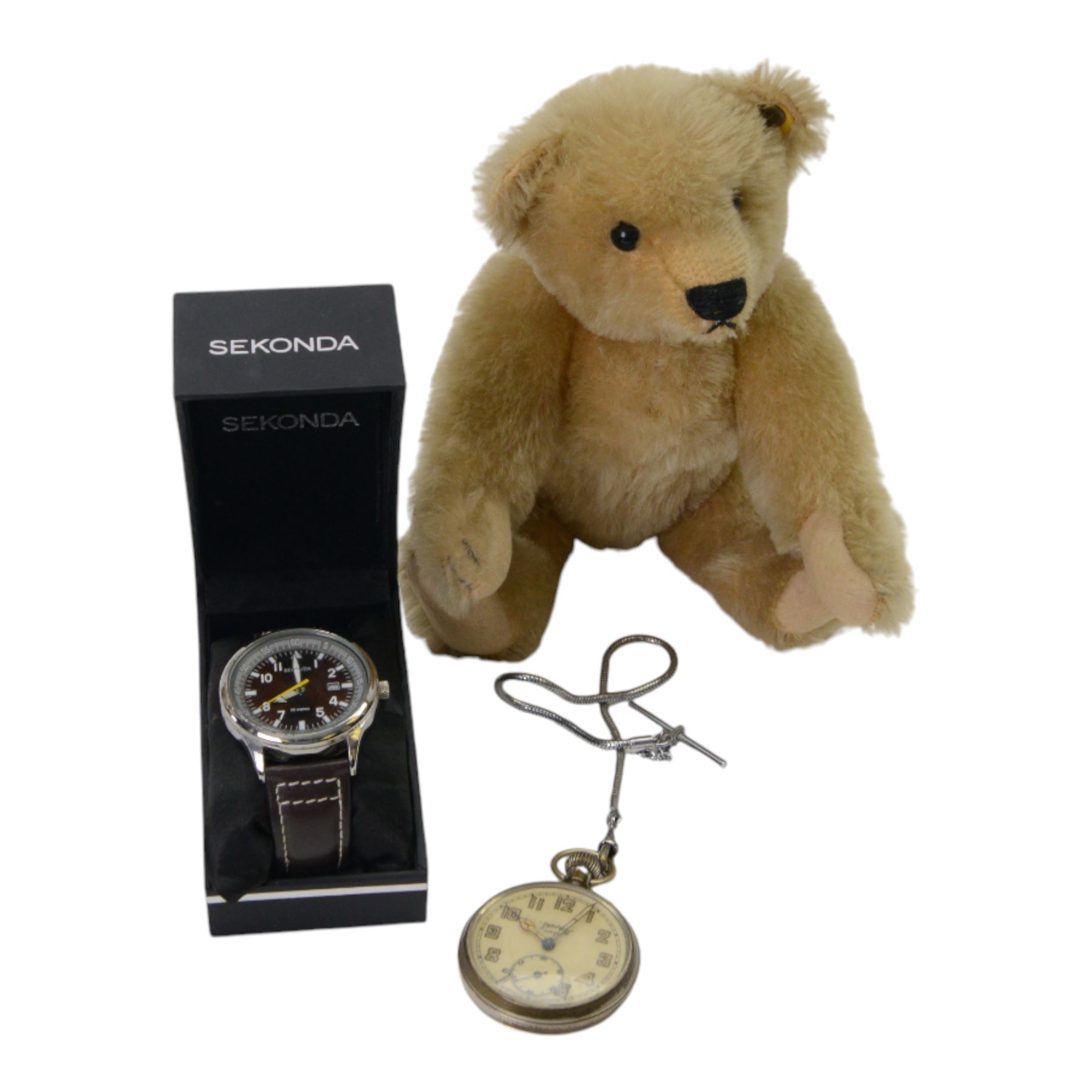 Steiff teddy bear, together with Sekonda watch and Service pocket watch