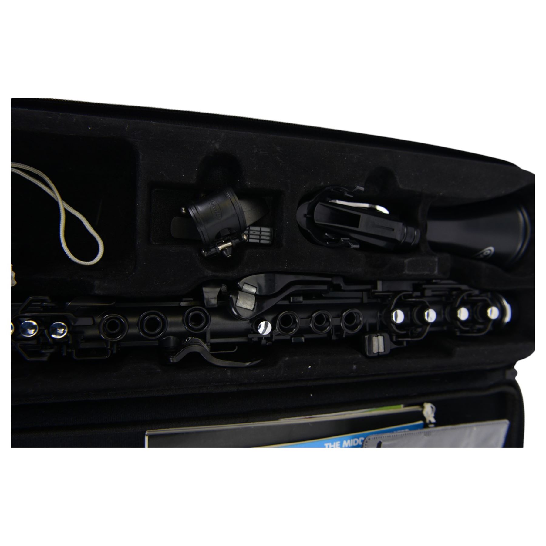 Two Clarineo Numo TM plastic C clarinets, one black and one white, in soft carry cases with instrucional cds and other accessories 