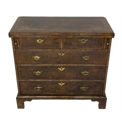 20th century Georgian style figured walnut bachelor's chest, crossbanded and moulded fold-over top, fitted with two short and three long drawers, on bracket feet