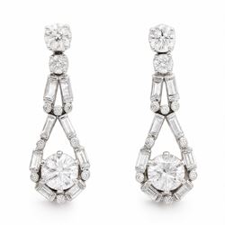 Pair of 18ct white gold diamond pendant earrings, each stud set with a round brilliant cut...