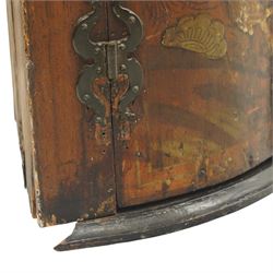 George III period lacquered chinoiserie cylindrical corner cabinet, decorated with traditional pagoda and exotic bird scenes, enclosing two shelves