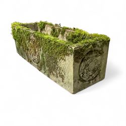 Pair of Yorkshire Rose weathered cast stone trough planters