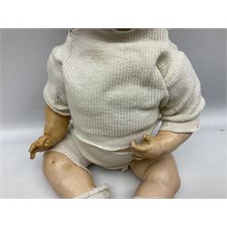 Carl Harmus Germany bisque head doll with applied hair, sleeping eyes, open mouth with teeth and composition body with jointed limbs; marked 'Harmus 313.4/0 Germany' H38cm; and Alt, Beck & Gottschalk Germany bisque head doll with applied hair, fixed eyes, open mouth with tongue and composition body with jointed limbs H44cm (2)