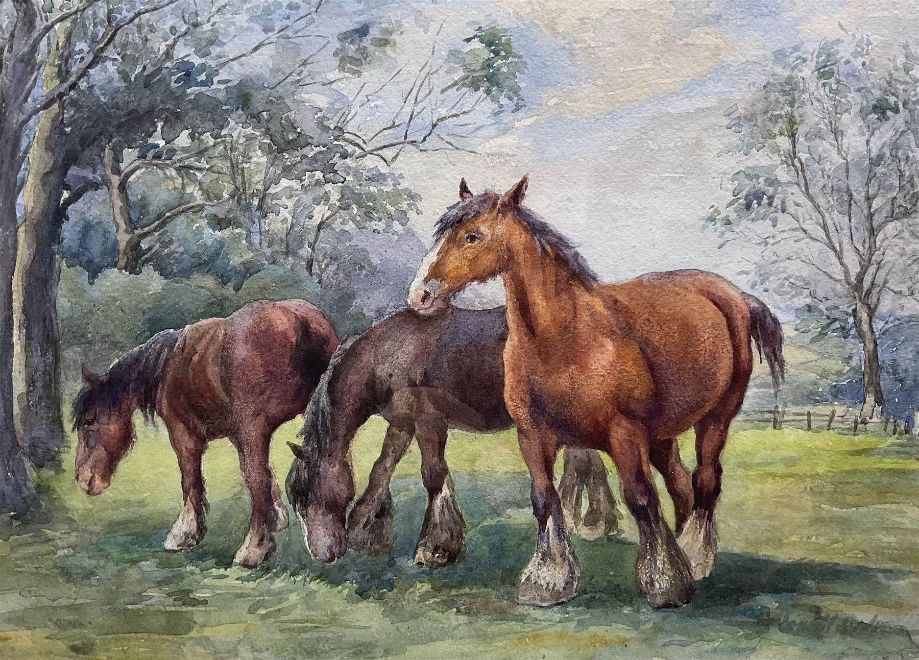 Manner of Rosemary Sarah Welch (British 1946-): Shire Horses Grazing, watercolour unsigned 26cm x 36cm 
