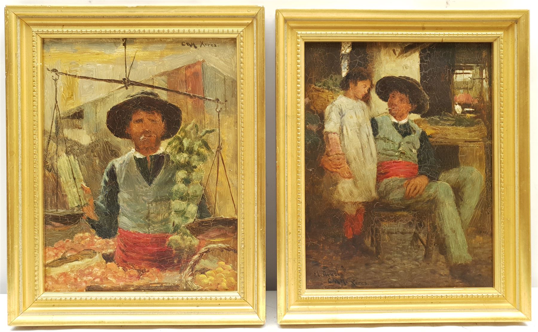 Charles Martin Hardie (Scottish 1858-1916): 'El Abuelo' and The Fruit Seller, pair oils on board signed with initials and inscribed Xeres, one titled 26cm x 20cm (2)