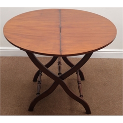 Late 19th century circular mahogany coaching table, shaped supports, turned stretchers,   