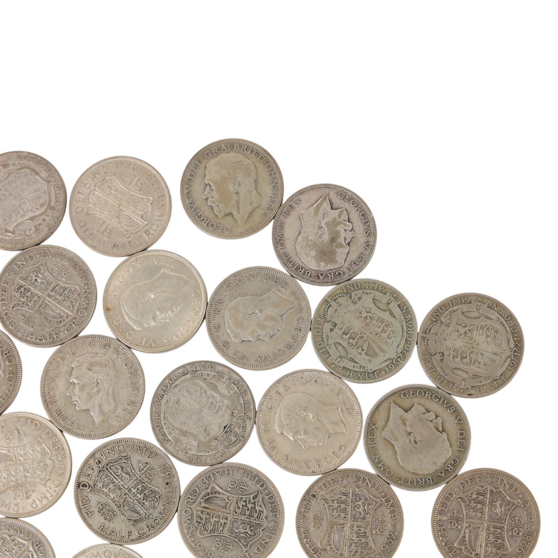 Approximately twenty-eight Great British pre-1947 silver half crown coins