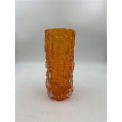 Sklo Union clear glass labrinth vase by Frantisek Vizner, together with two Luminarc geometric cranberry glass vases,Whitefriars style vase in the tangerine colourway, and one other 