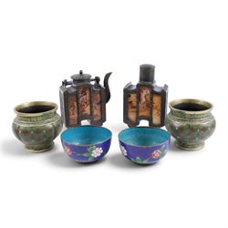 Pair of cloisonne bowls, decorated with flowers upon a blue ground, together with a pair o...