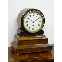  19th century mahogany cased drum head mantle clock with circular white Roman dial, single train brass movement stamped 52929, on plinth base with brass bun feet, H35cm  