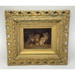 A framed crystoleum, after Julius Adam, depicting four kittens, in gilt swept frame, overall H26cm L29cm.
