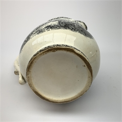 A 19th century Staffordshire pottery pearlware Crimea commemorative jug, black transfer printed with battle scenes, entitled Battle of Alma, Charge of the Highlanders, and Storming the Malakhofi, H18cm. 