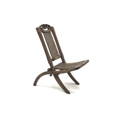  19th century oak folding campaign chair, carved and pierced cresting rail, canework back and seat, W39cm  