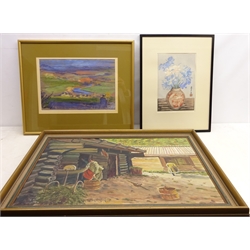  Figures Outside Log Houses, 20th century oil on canvas signed and dated 1938 by Muritz Finström (1894-1955), Rural Landscapes, watercolour and pastel signed and Flowers in a Vase, woodblock print indistinctly signed max 46cm x 68cm (4)   