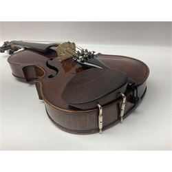 German trade violin in the Steiner style c1900 with 35.5cm two-piece maple back and ribs and spruce top L59cm overall; in fitted carrying case with two bows; and a Saxony violin with 35.5cm one-piece maple back and ribs and spruce top L58.5cm overall (2)