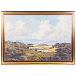 Lewis Creighton (British 1918-1996): Sheep on a Heather Moorland, oil on board signed 50cm x 72cm