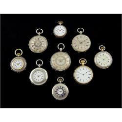 Eight 19th/early 20th century ladies silver key wound and keyless fob and pocket watches, white and silver enamel dials, hallmarked, stamped or tested and one gold-plated ladies pocket watch by Waltham (9)