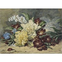 Annie Mary Youngman (British 1860-1919): Still Life with Forget-me-nots, watercolour signed twice and dated 1881, 14.5cm x 20cm