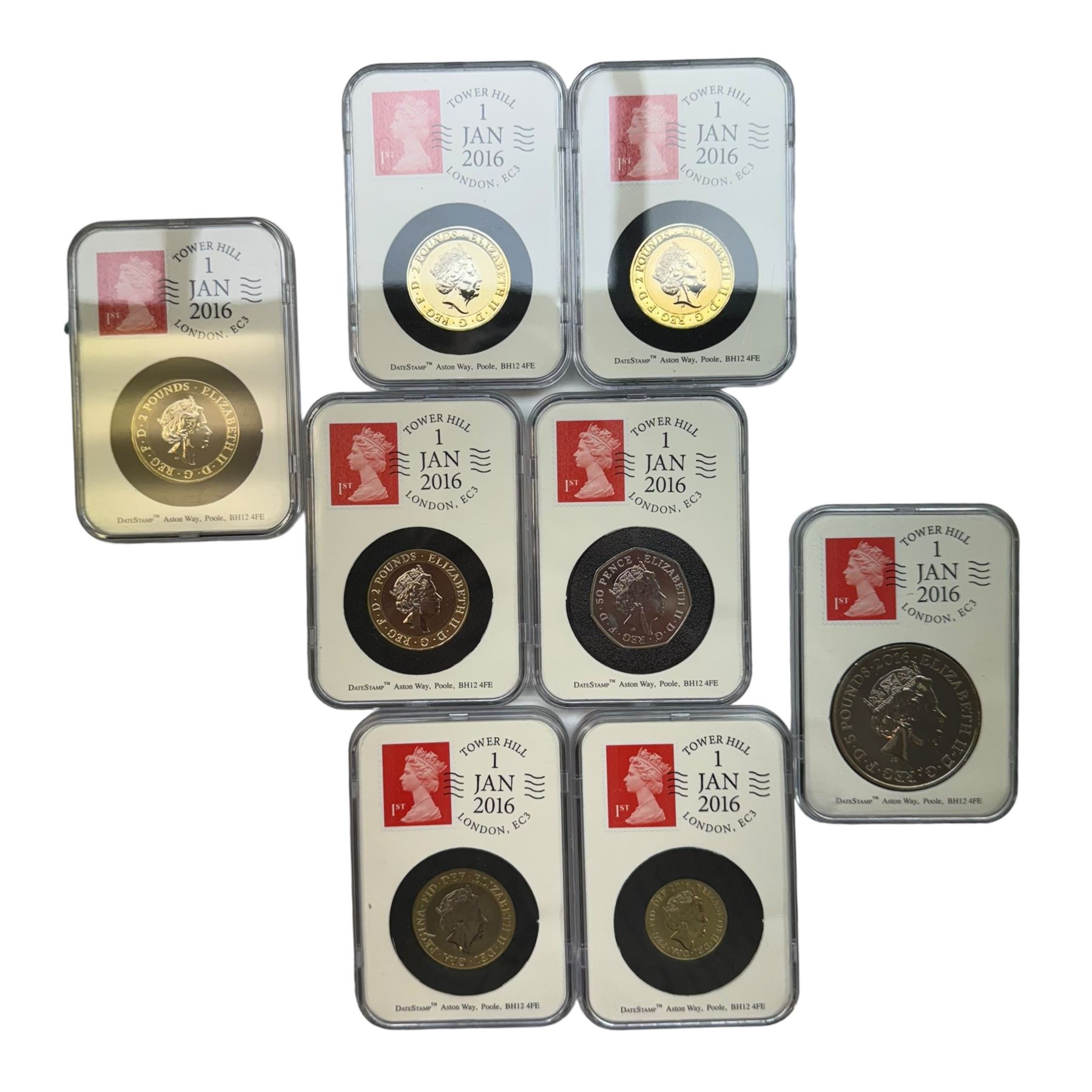 Mostly Commemorative Queen Elizabeth II coins, including various brilliant uncirculated fifty pence pieces in packs, DateStamp capsules containing commemoratives with 2016 'Shakespeare' two pounds, 2016 'The First World War', 2016 'EIIR 90' five pounds etc