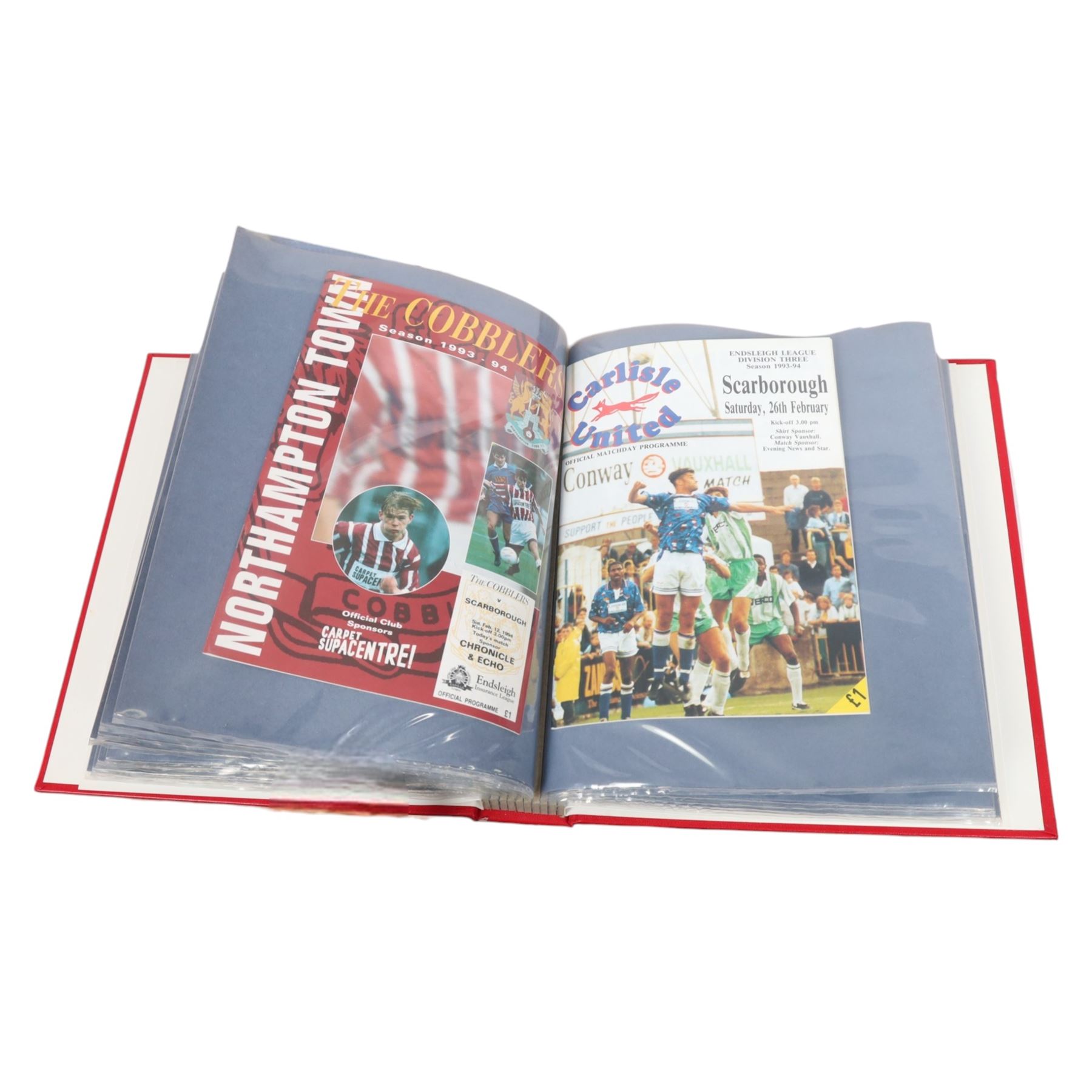 Comprehensive collection of approximately one-hundred and seventy Scarborough FC football programmes for the 1993/94, 1994/95 and 1995/96 seasons, all filed within six dedicated Scarborough FC red Home and Away binders