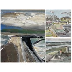 Dave Watson (Northern British Contemporary): 'Lighthouse and Berwick' 'Berwick Walls (towards Pier Road' and Coastal Scene, oil on card and pair pen and watercolours signed and dated '10, '12 & '13, respectively 13cm x 17cm