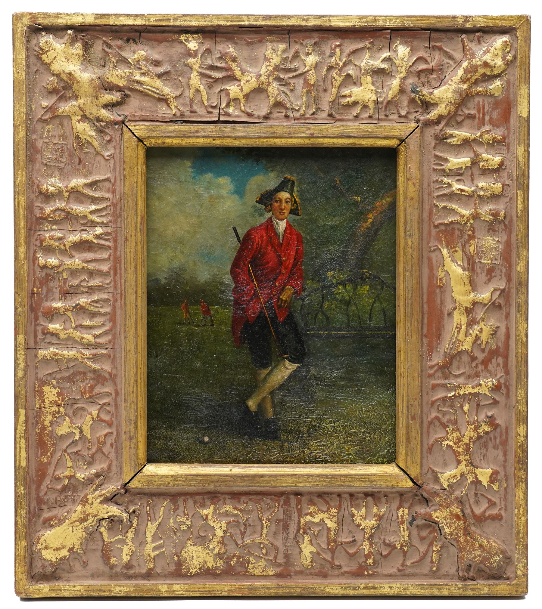 After Anton Maria Mucchi Vignoli (Italian 1871-1945): Regency Gentleman Playing Golf, 20th century oil wood panel unsigned 24cm x 18.5cm