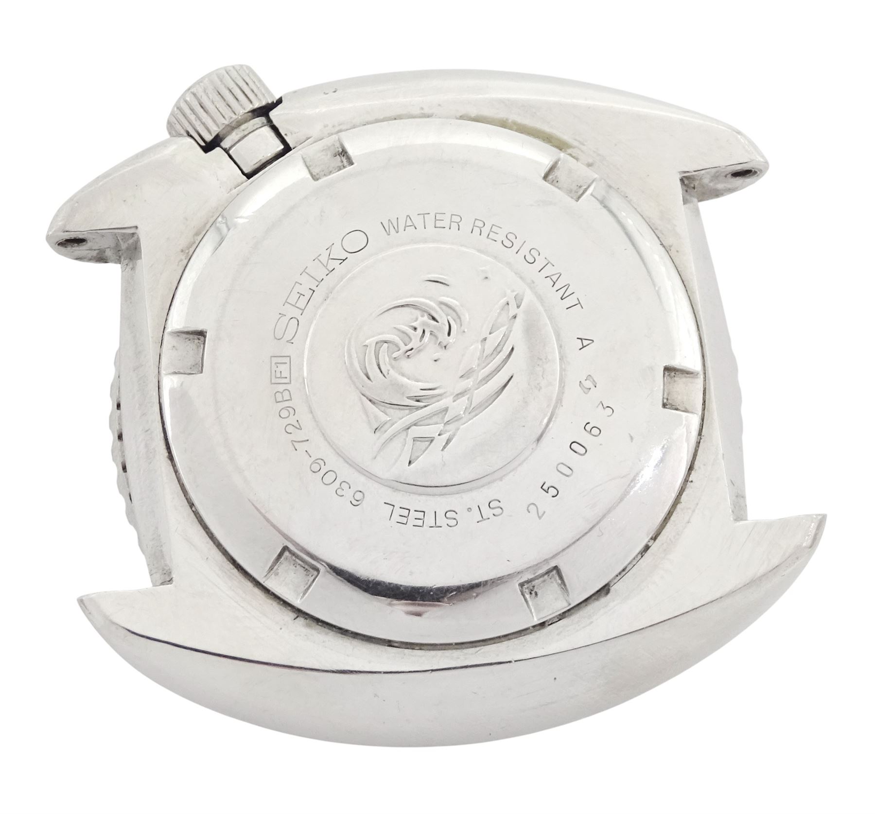 Seiko gentleman's stainless steel divers automatic wristwatch, Ref. 6309-729B, black dial with luminous hour markers hands and centre seconds and day / date aperture, with blue and red 'Pespi' bezel