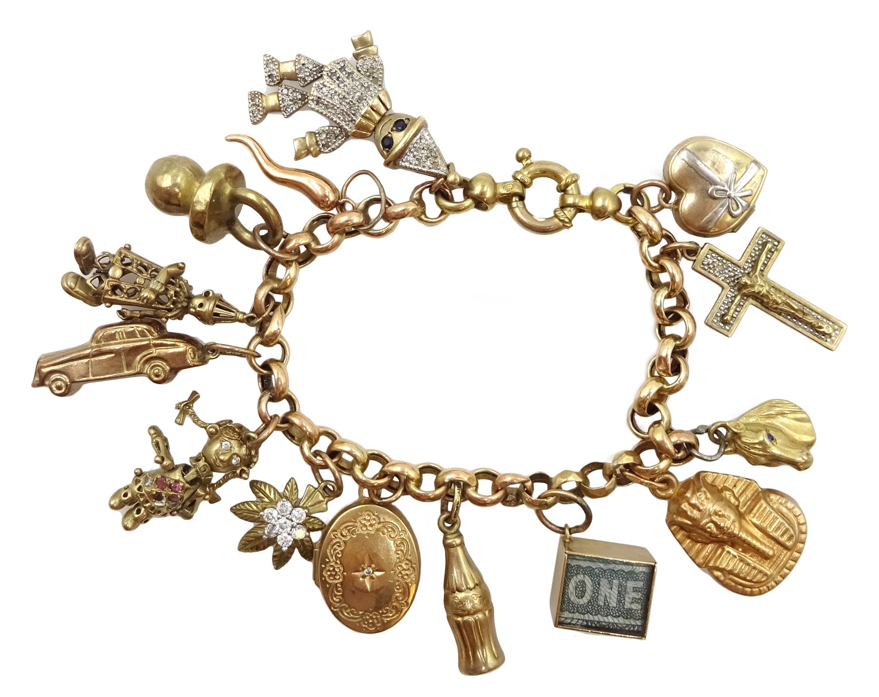 Gold belcher link bracelet with fourteen gold charms including ragdoll, clown, horse and money box, all 9ct hallmarked, tested or stamped