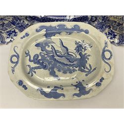 Minton Bombay pattern platter, together with Mason's meat platter, decorated with mythical beast, and two Cauldron Place Opaque China dishes 