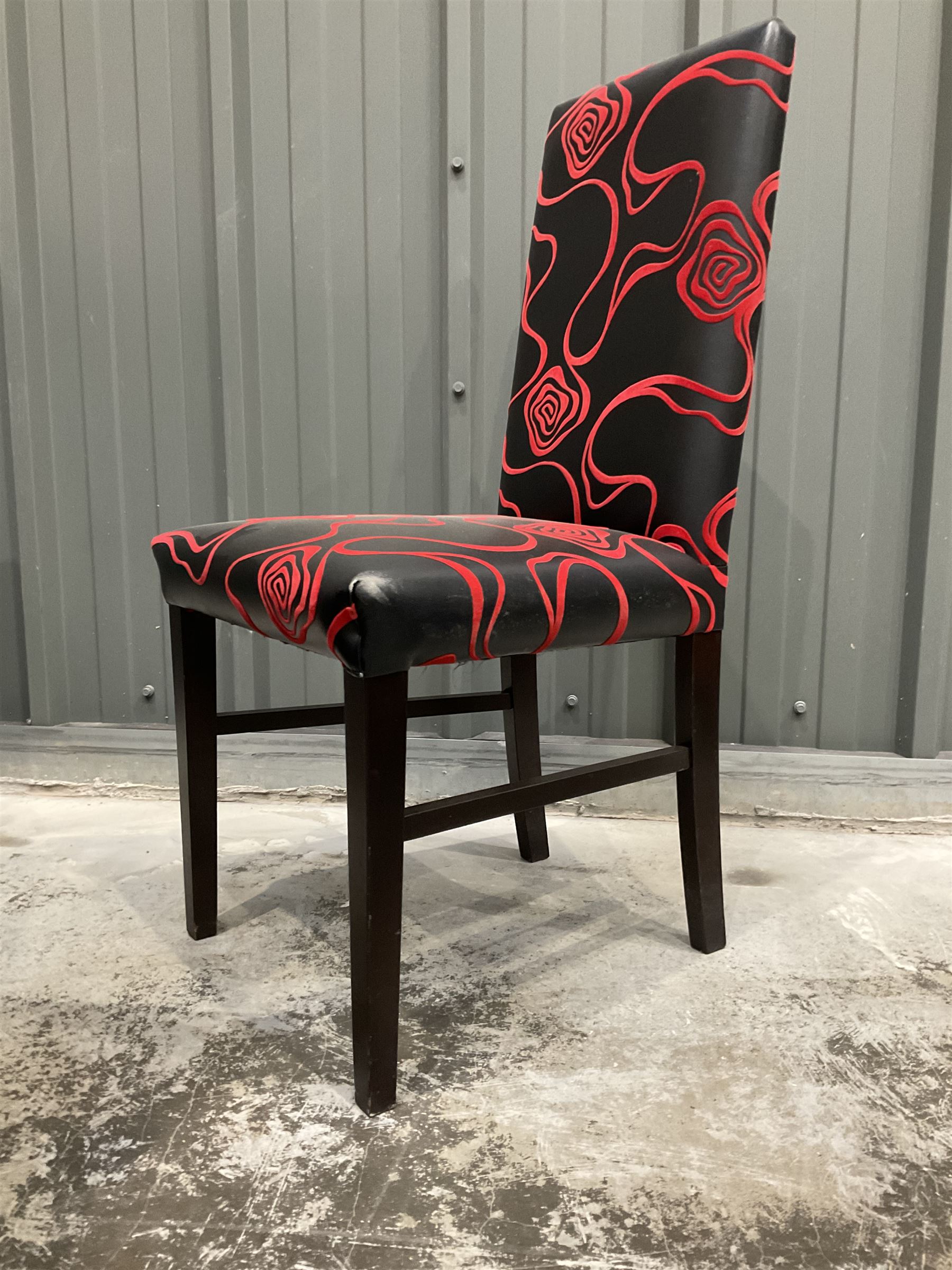 Thirteen high back restaurant dining chairs, upholstered in black faux leather with red embossed velvet - THIS LOT IS TO BE COLLECTED BY APPOINTMENT FROM DUGGLEBY STORAGE, GREAT HILL, EASTFIELD, SCARBOROUGH, YO11 3TX